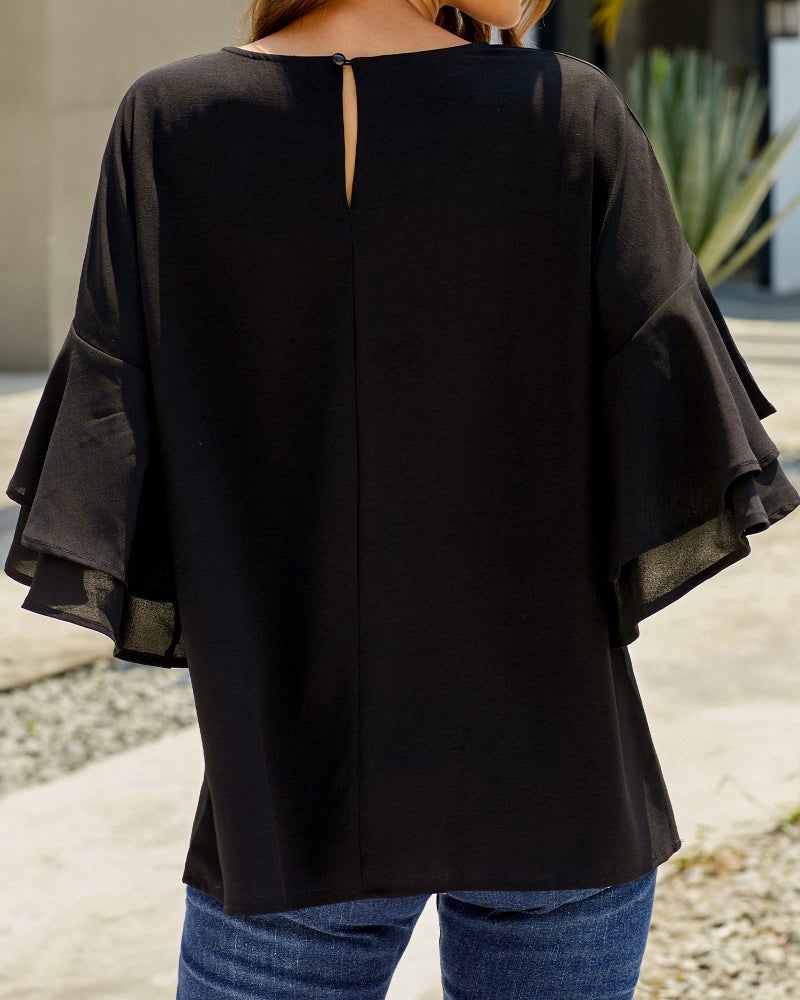 luvamia Women's Casual 3/4 Tiered Bell Sleeve Crewneck Loose Tops Blouses Shirt Ruffle Sleeve Top Black Bell Sleeve Top Black Size Medium Size 8 Size 10 - Image 5